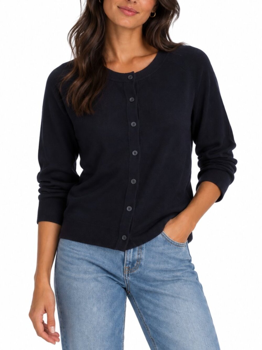 LOFT Navy Blue Crewneck Button Front Cardigan Sweater Size L